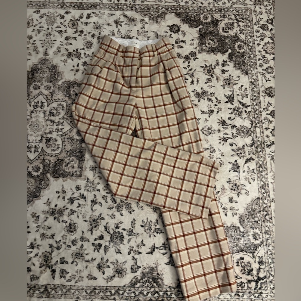 Wilfred Cream and Brown Plaid Straight Leg Pants